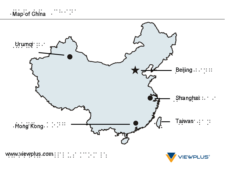 Map of China tactile graphic with braille labels