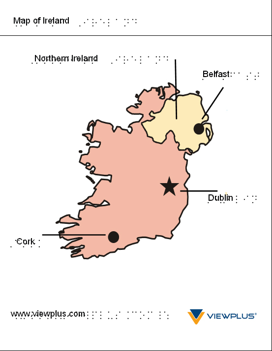Map of Ireland tactile graphic with braille labels