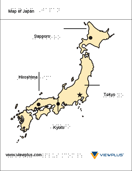 Map of Japan tactile graphic with braille labels