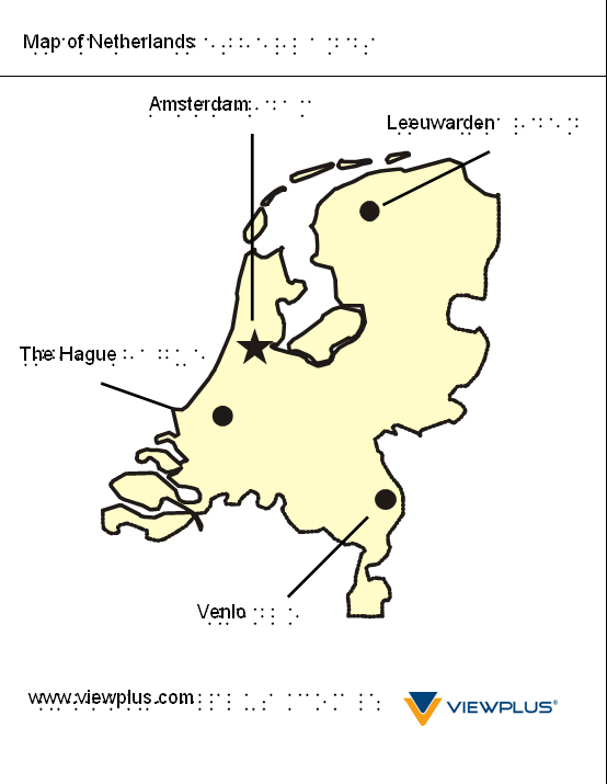 Map of the Netherlands tactile graphic with braille labels