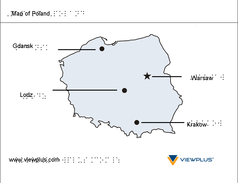 Map of Poland tactile graphic with braille labels